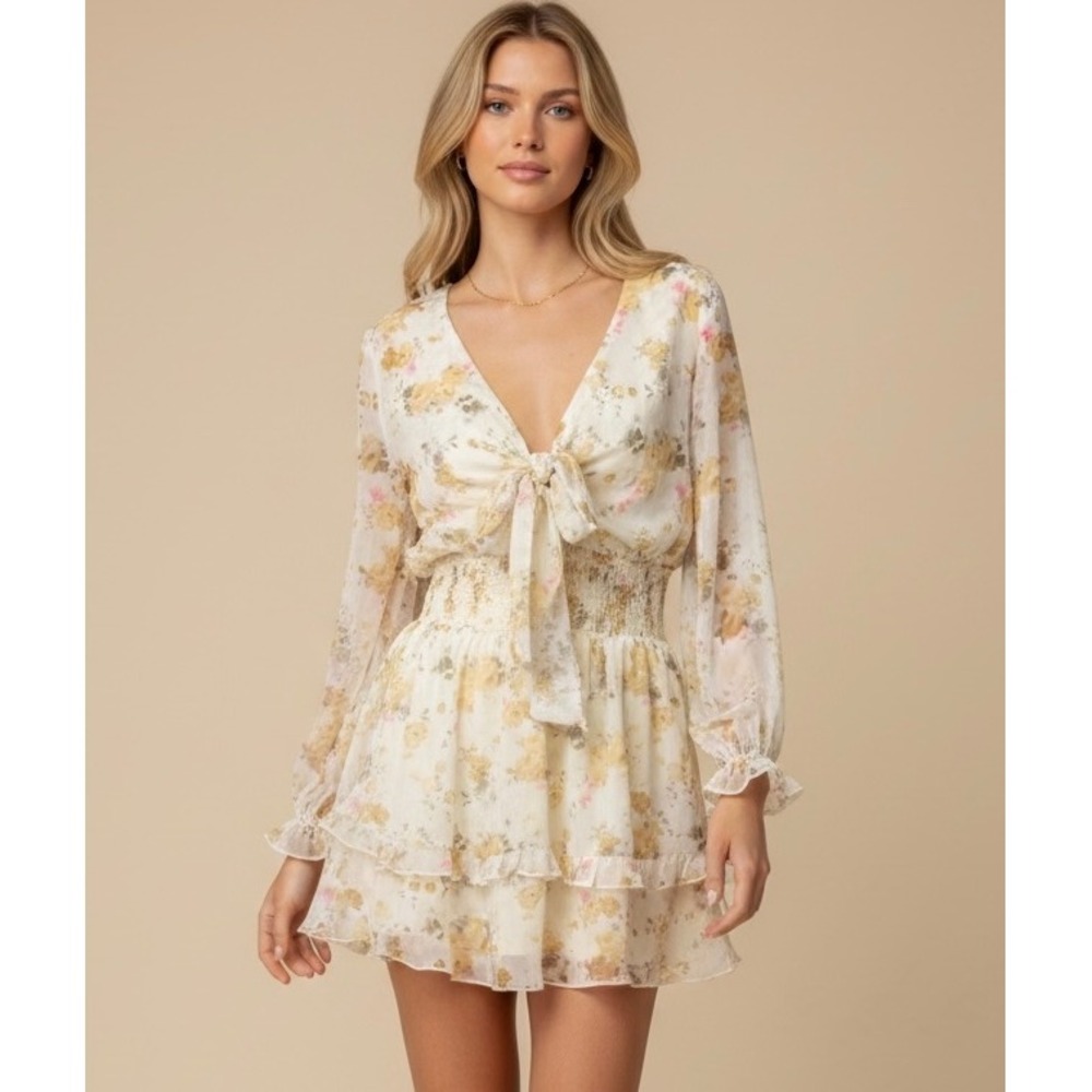 NEW Floral Smocked Tie Front Mini Dress Apricot Yellow Large Cottagecore